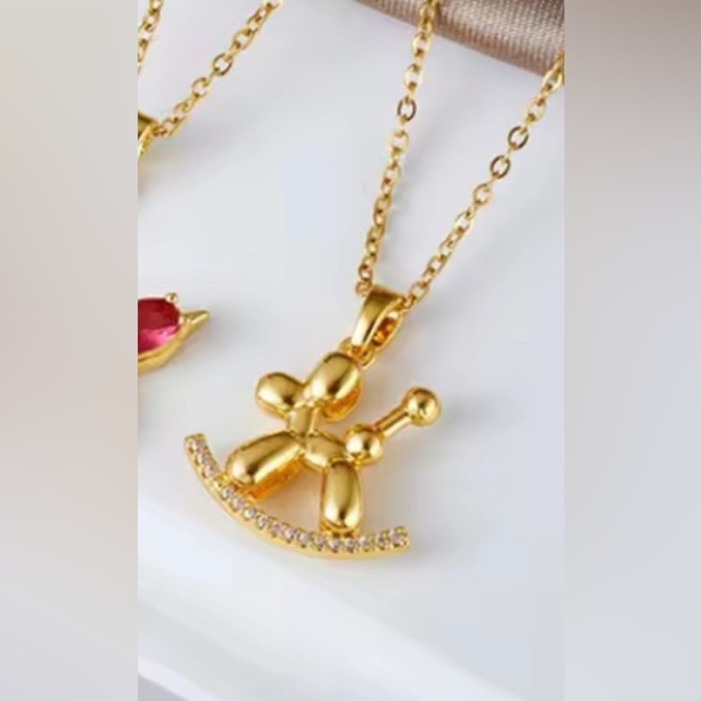 18K Gold 3D Rocking Balloon Dog Pave Diamond Inlay Pendant Necklace Art Inspired